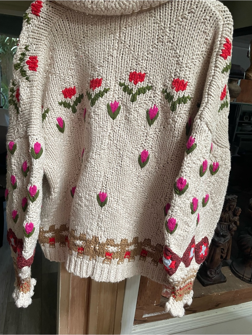 Free People Cream Knit Cardigan with Red Floral Appliqués - Picture 4 of 5